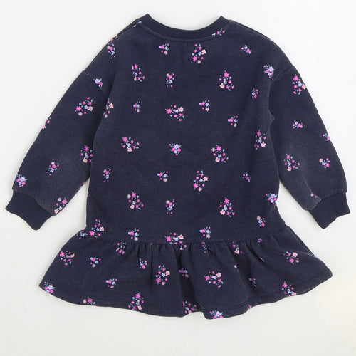 Dunnes Stores Girls Blue Floral Cotton Jumper Dress Size 2-3 Years Round Neck Pullover