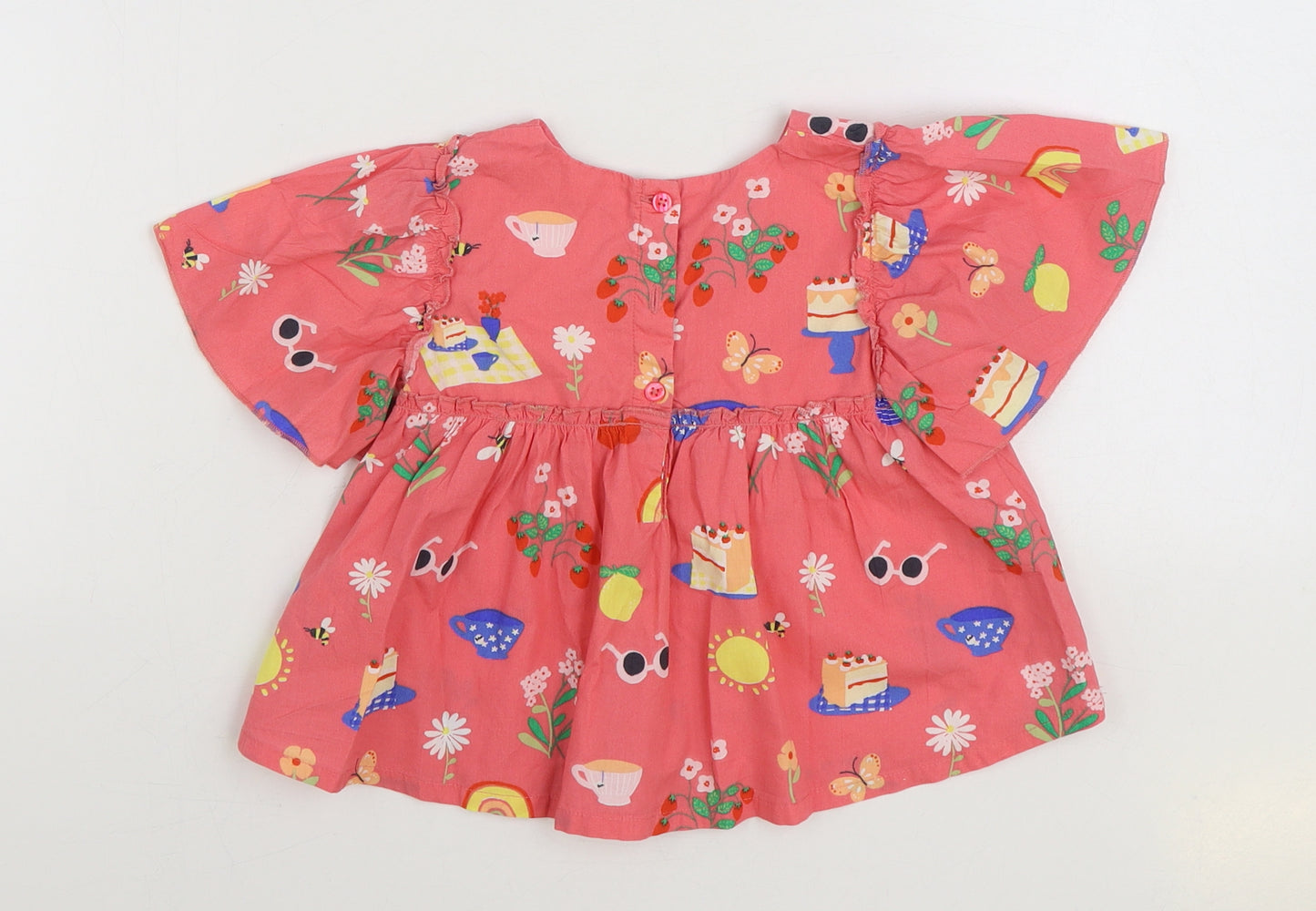 NEXT Girls Pink Geometric 100% Cotton Basic Blouse Size 2-3 Years Boat Neck Button