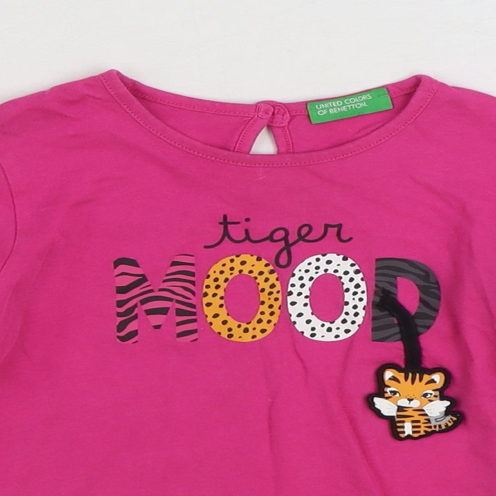 United Colours of Benetton Girls Pink Cotton Basic T-Shirt Size 18-24 Months Round Neck Pullover - Tiger Mood
