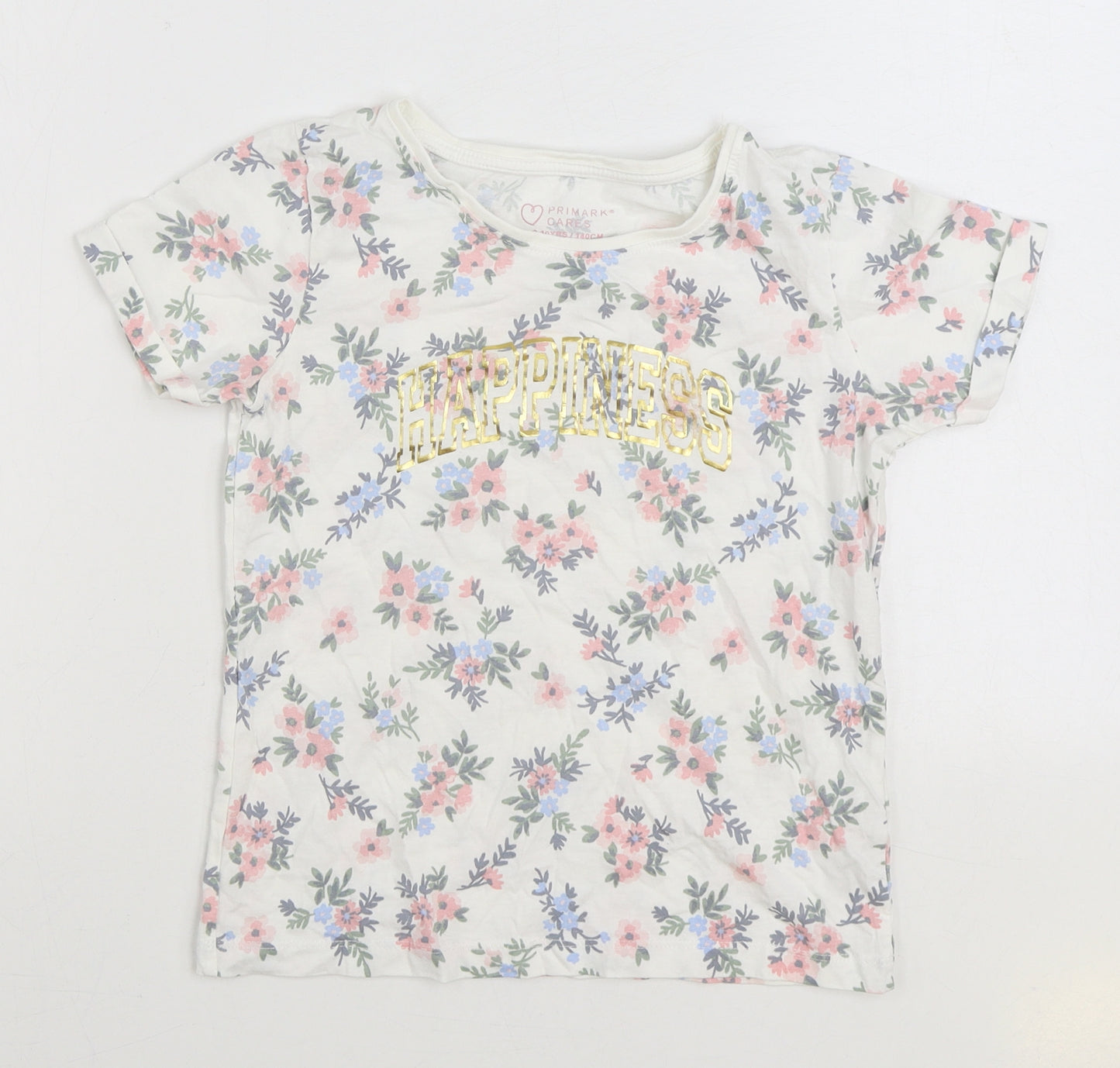 Primark Girls White Floral 100% Cotton Basic T-Shirt Size 9-10 Years Round Neck Pullover - Happiness
