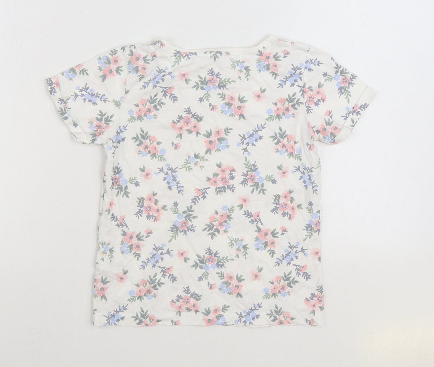 Primark Girls White Floral 100% Cotton Basic T-Shirt Size 9-10 Years Round Neck Pullover - Happiness