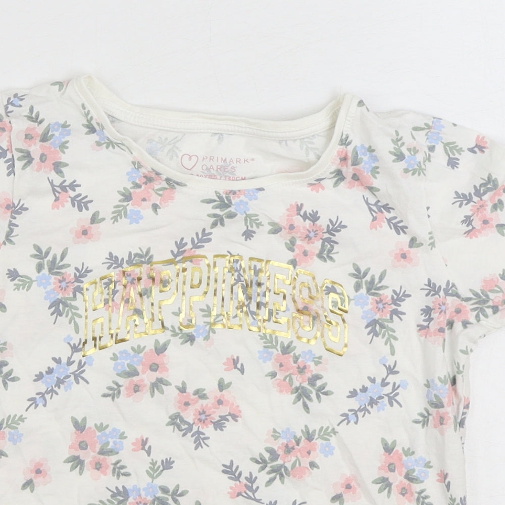 Primark Girls White Floral 100% Cotton Basic T-Shirt Size 9-10 Years Round Neck Pullover - Happiness