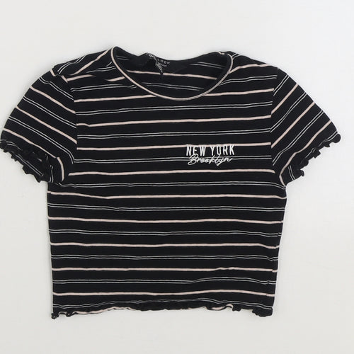 915 Generation Girls Black Striped Cotton Basic T-Shirt Size 9 Years Round Neck Pullover - New York Cropped