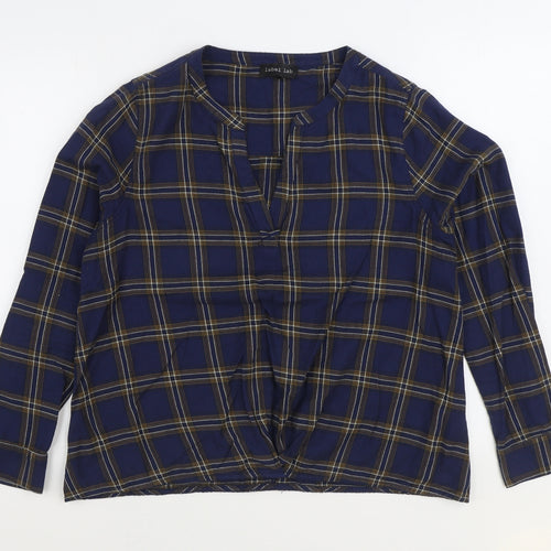 Label Lab Womens Blue Plaid 100% Cotton Basic Blouse Size 12 V-Neck