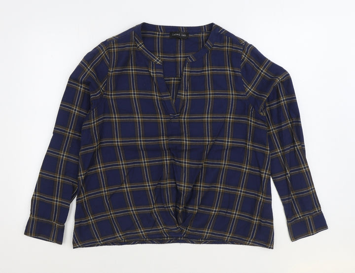 Label Lab Womens Blue Plaid 100% Cotton Basic Blouse Size 12 V-Neck