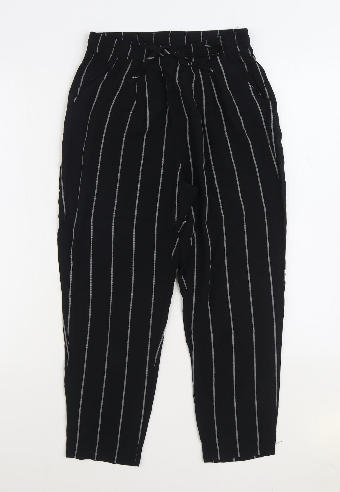 PRETTYLITTLETHING Womens Black Striped Viscose Trousers Size 8 L23 in Regular Snap