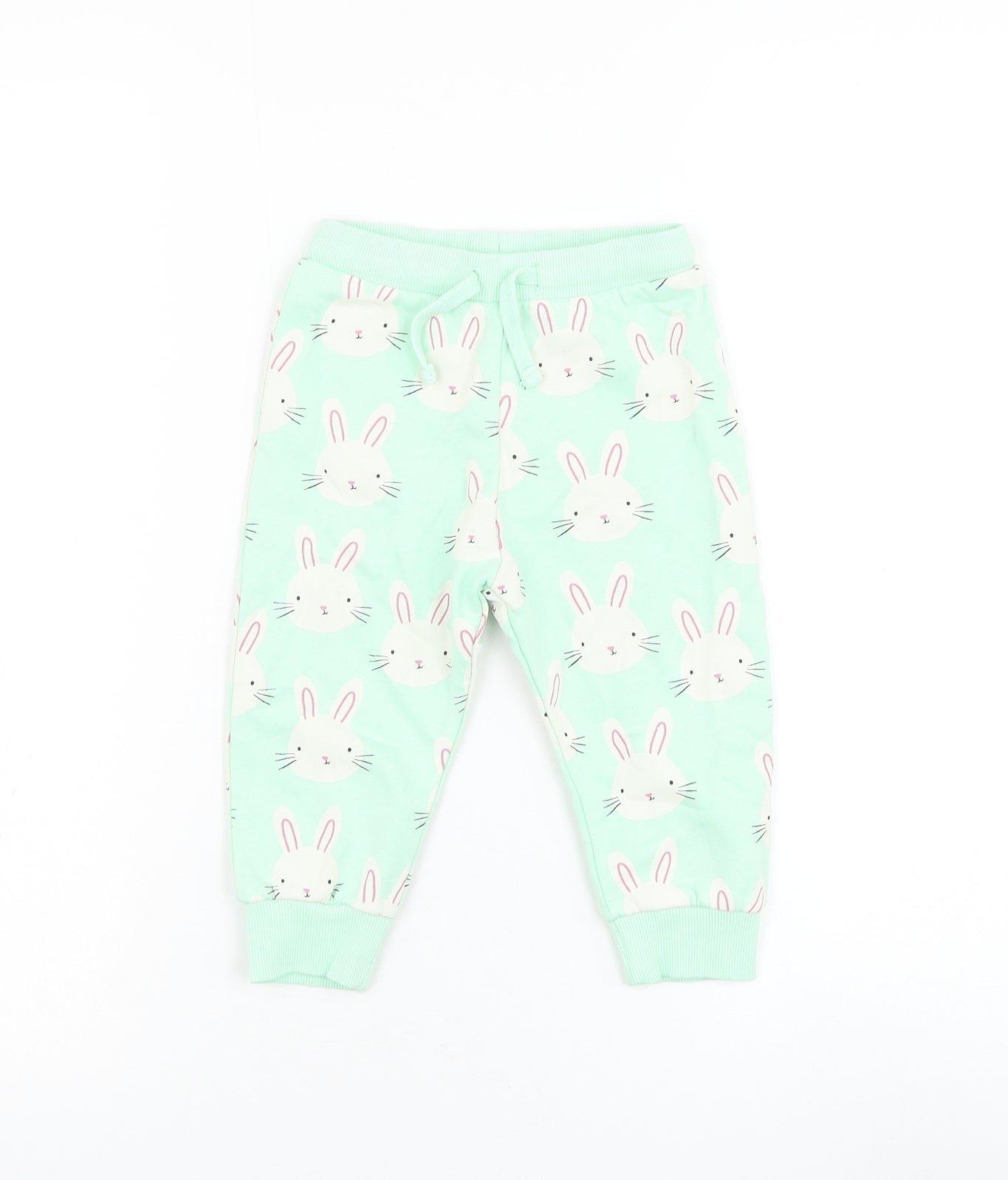 Marks and Spencer Girls Green Geometric Cotton Jogger Trousers Size 12-18 Months Drawstring - Rabbit