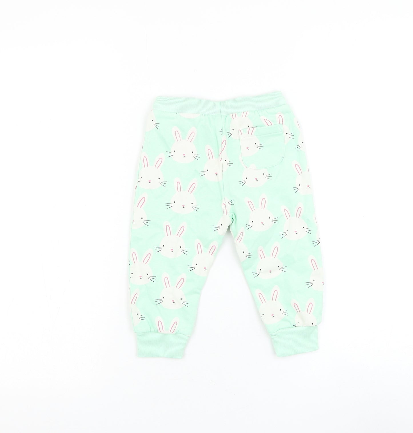 Marks and Spencer Girls Green Geometric Cotton Jogger Trousers Size 12-18 Months Drawstring - Rabbit