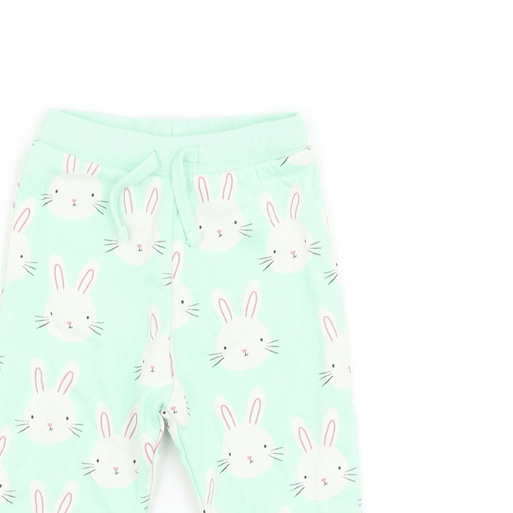 Marks and Spencer Girls Green Geometric Cotton Jogger Trousers Size 12-18 Months Drawstring - Rabbit