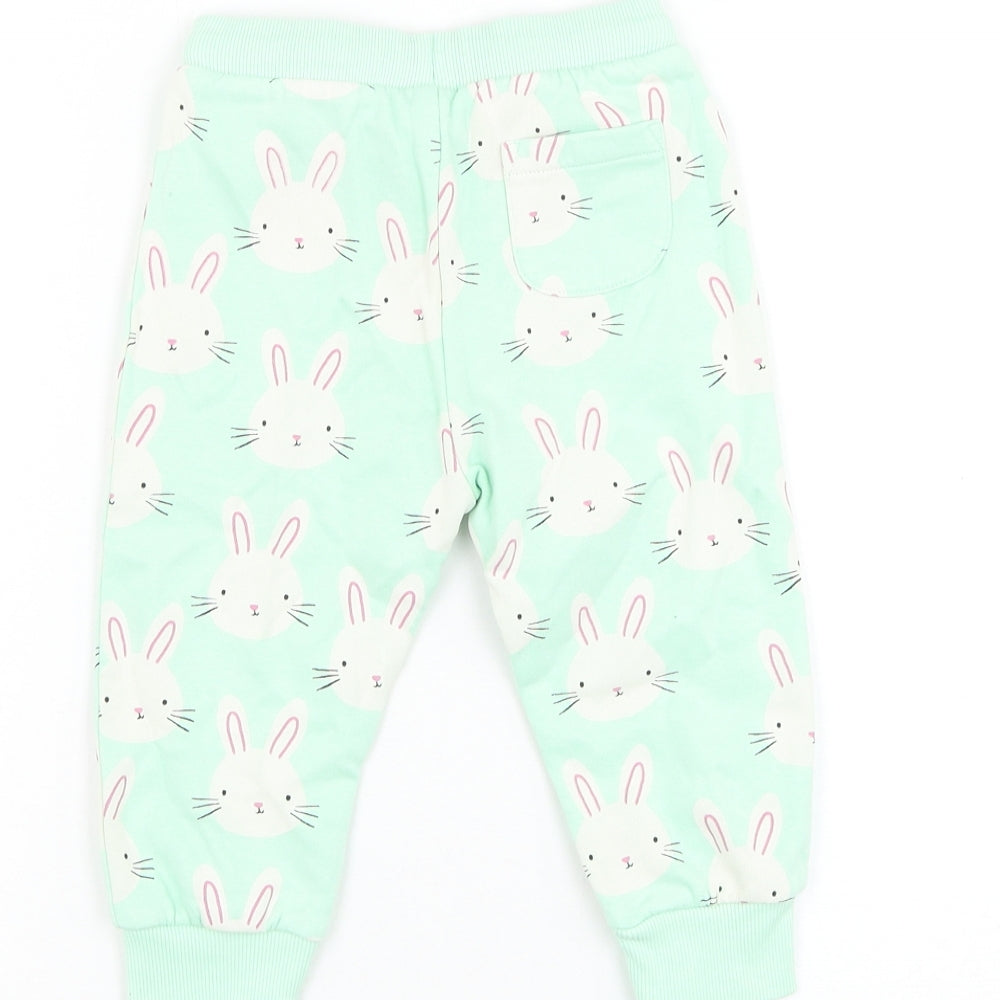 Marks and Spencer Girls Green Geometric Cotton Jogger Trousers Size 12-18 Months Drawstring - Rabbit