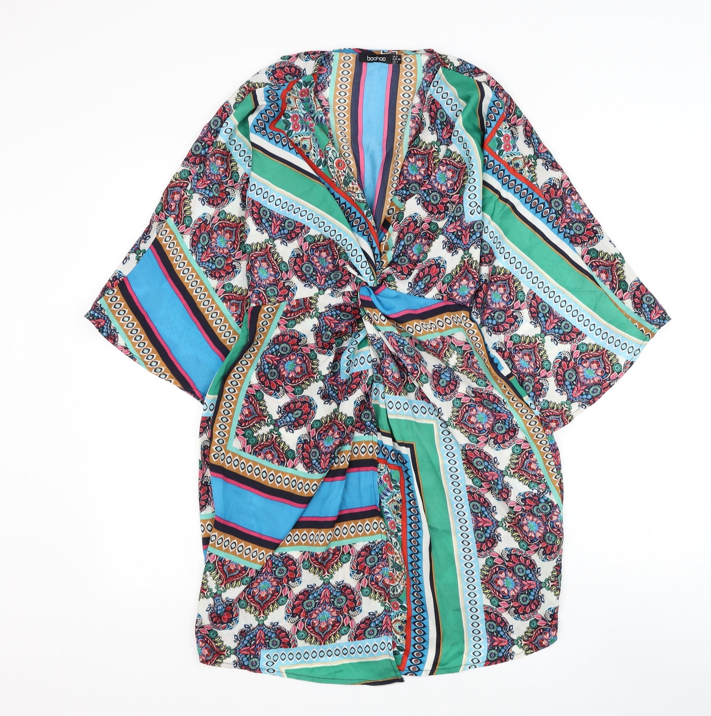 Boohoo Womens Multicoloured Geometric Polyester Shirt Dress Size 8 V-Neck Pullover - Knot Front Beach Cover