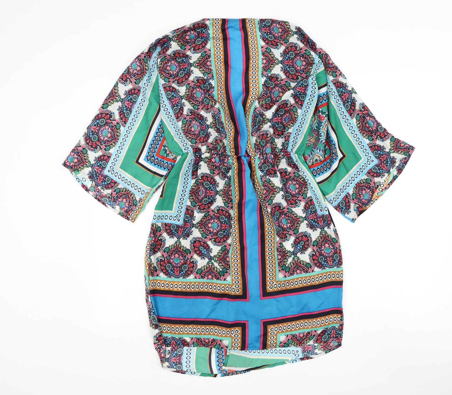 Boohoo Womens Multicoloured Geometric Polyester Shirt Dress Size 8 V-Neck Pullover - Knot Front Beach Cover