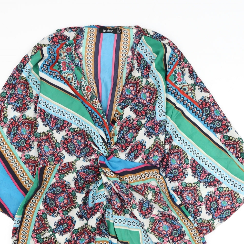 Boohoo Womens Multicoloured Geometric Polyester Shirt Dress Size 8 V-Neck Pullover - Knot Front Beach Cover