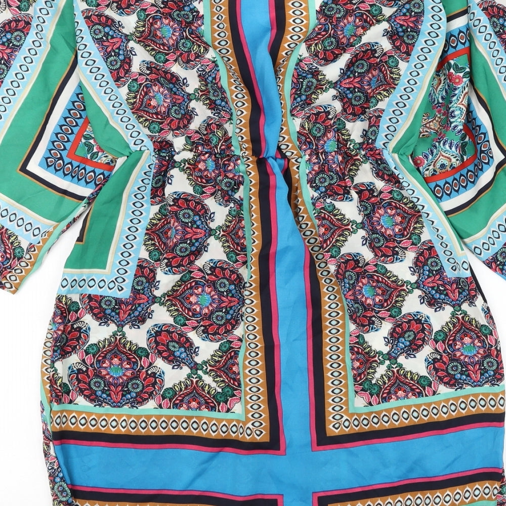 Boohoo Womens Multicoloured Geometric Polyester Shirt Dress Size 8 V-Neck Pullover - Knot Front Beach Cover