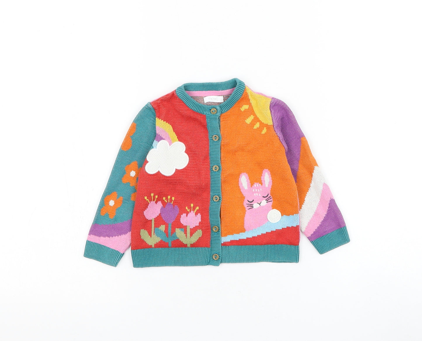 NEXT Girls Multicoloured Geometric Cotton Cardigan Jumper Size 9-12 Months Button - Rabbit