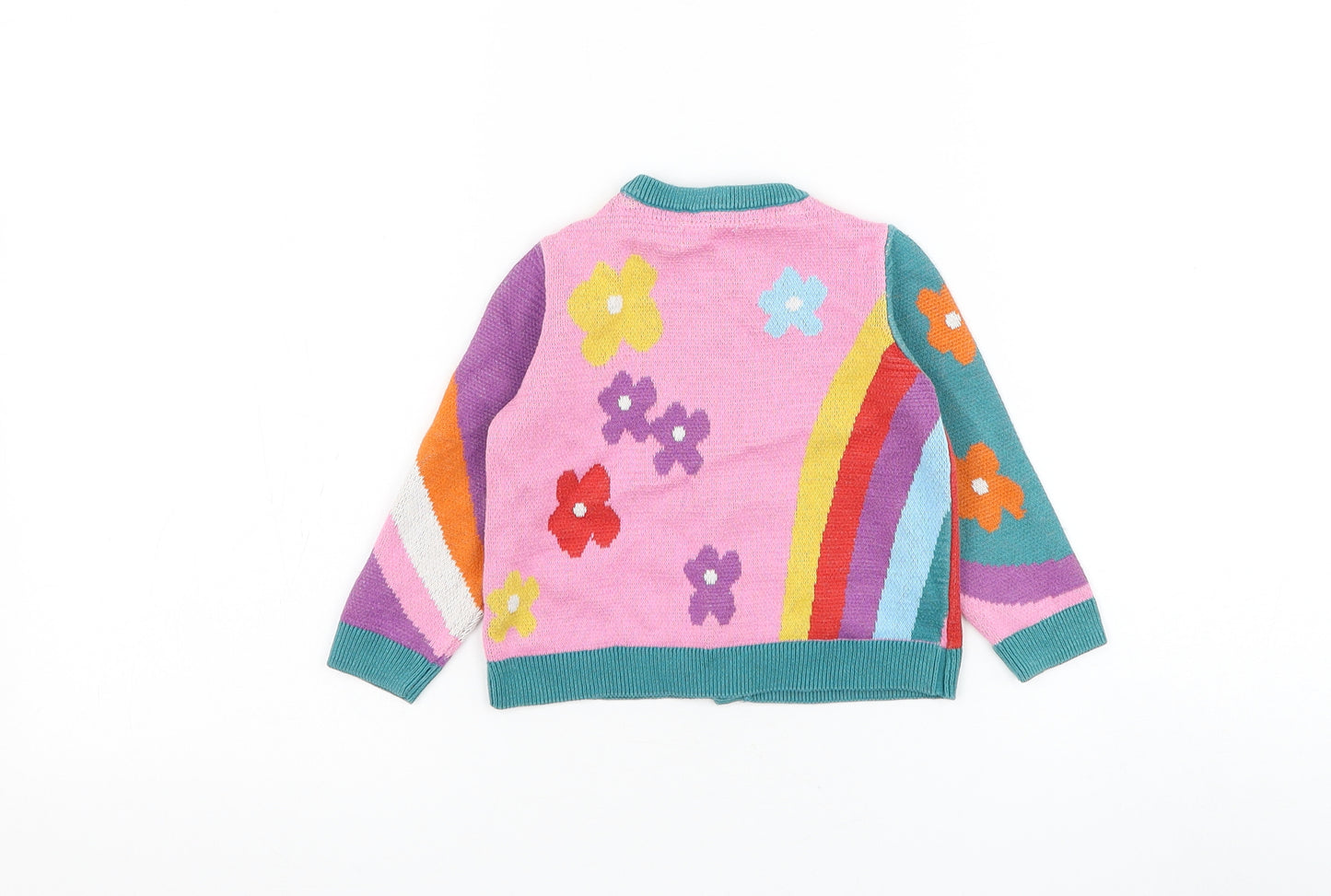 NEXT Girls Multicoloured Geometric Cotton Cardigan Jumper Size 9-12 Months Button - Rabbit
