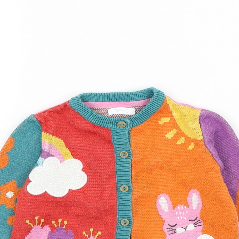 NEXT Girls Multicoloured Geometric Cotton Cardigan Jumper Size 9-12 Months Button - Rabbit