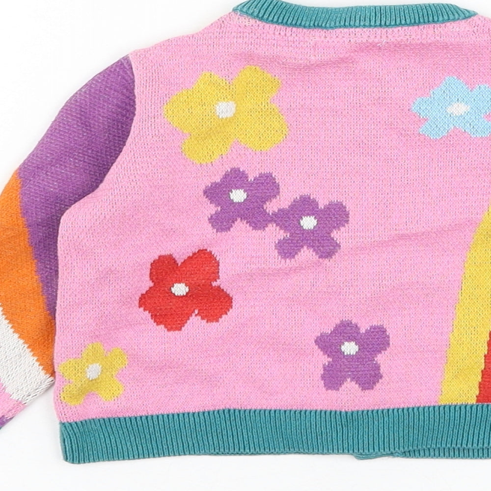 NEXT Girls Multicoloured Geometric Cotton Cardigan Jumper Size 9-12 Months Button - Rabbit
