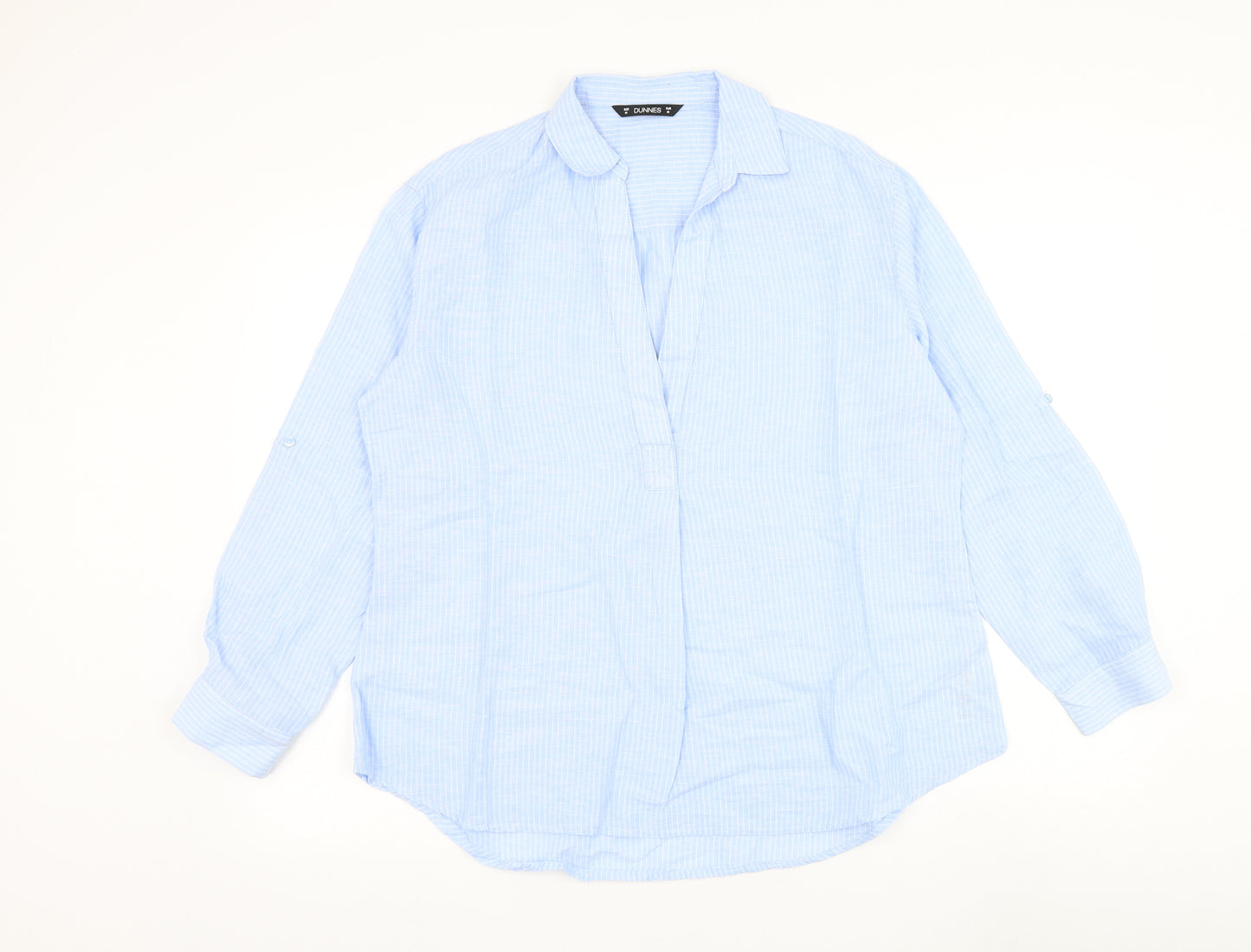 Dunnes Stores Womens Blue Striped Linen Basic Blouse Size M Collared