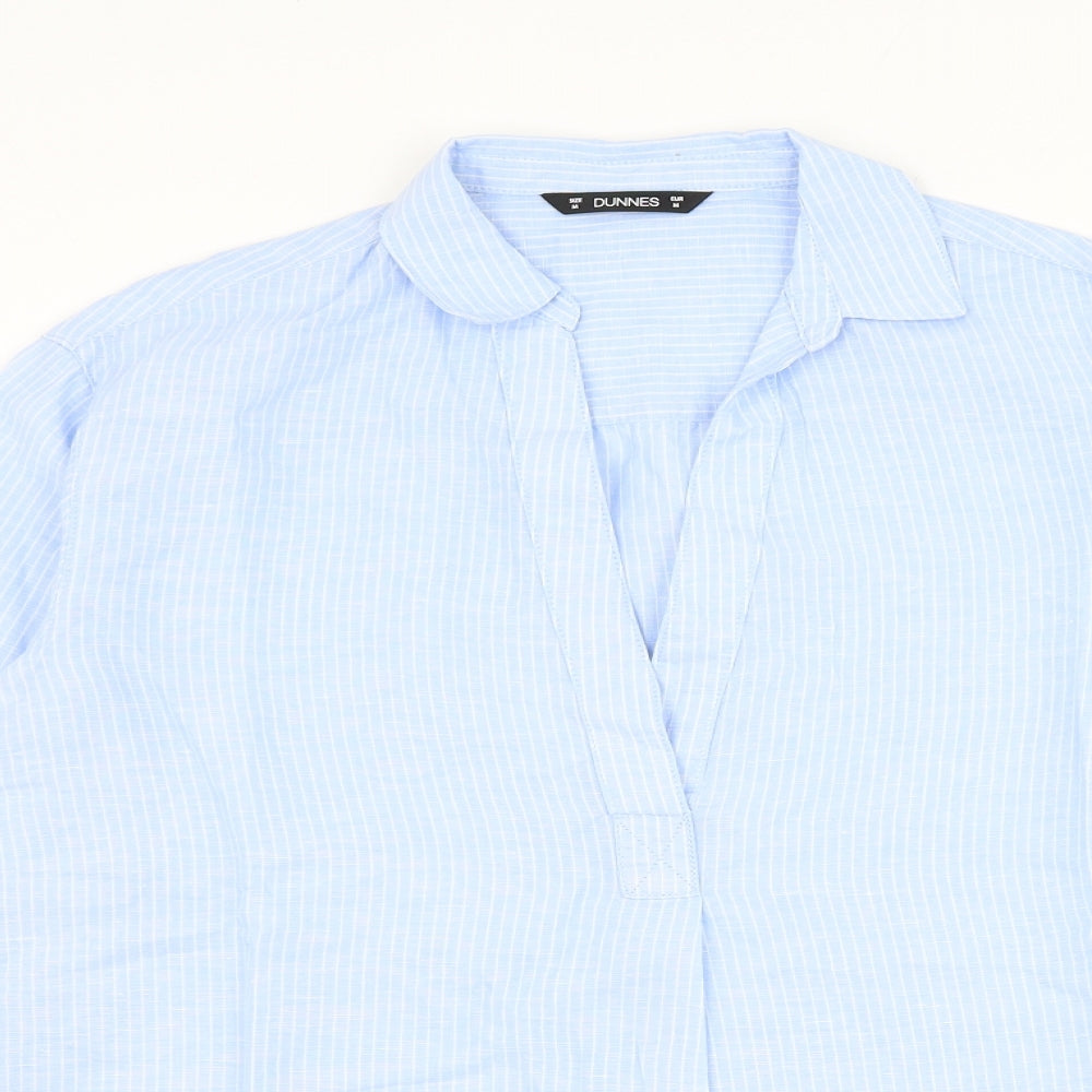 Dunnes Stores Womens Blue Striped Linen Basic Blouse Size M Collared
