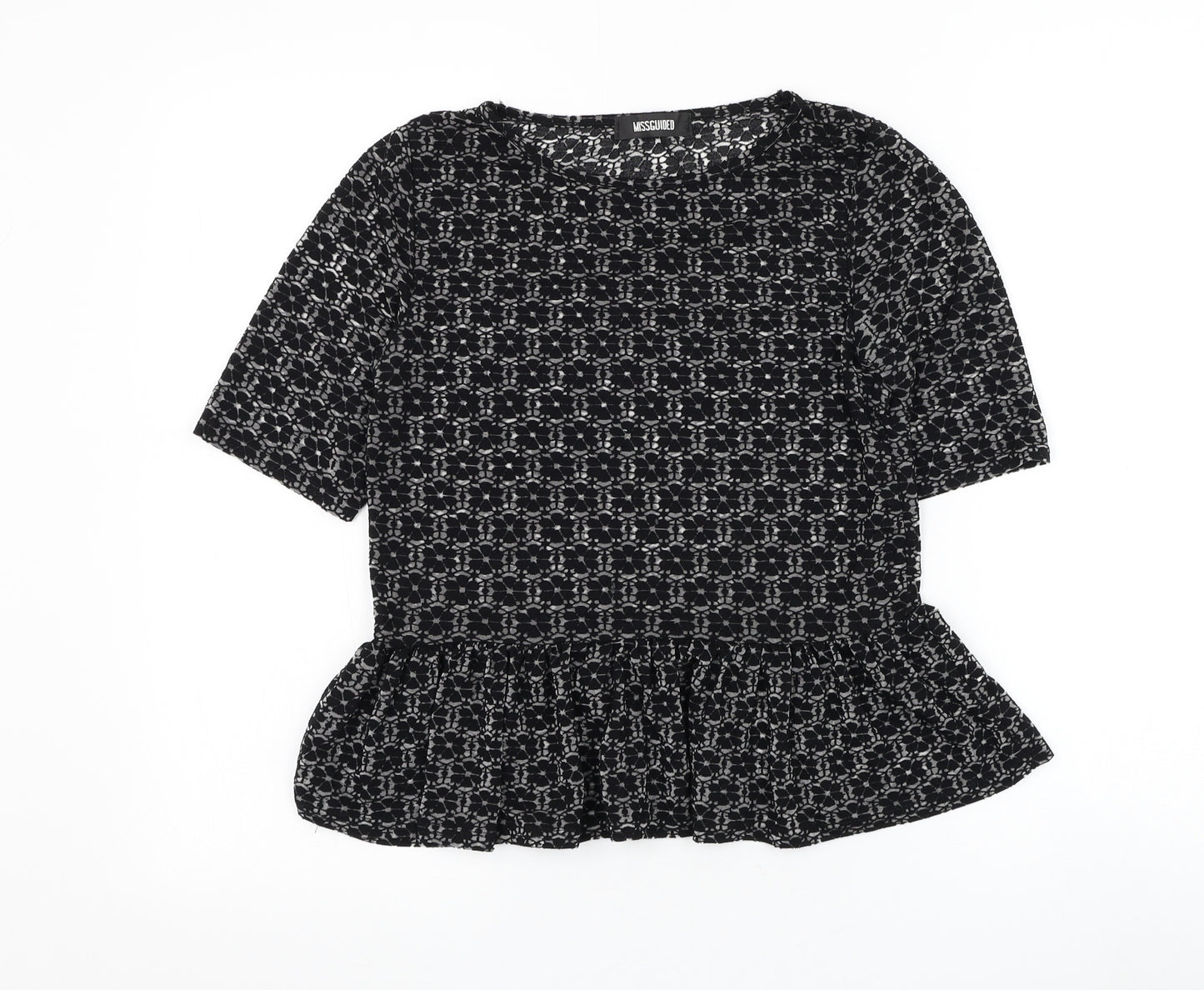 Missguided Womens Black Floral Viscose Basic Blouse Size 8 Round Neck