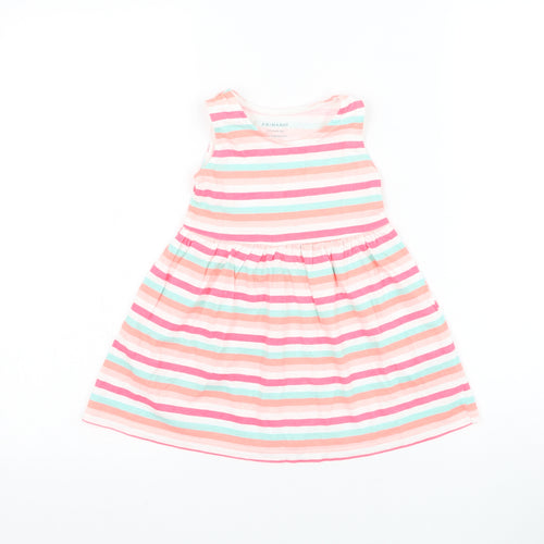 Primark Girls Multicoloured Striped Cotton Skater Dress Size 12-18 Months Round Neck Pullover
