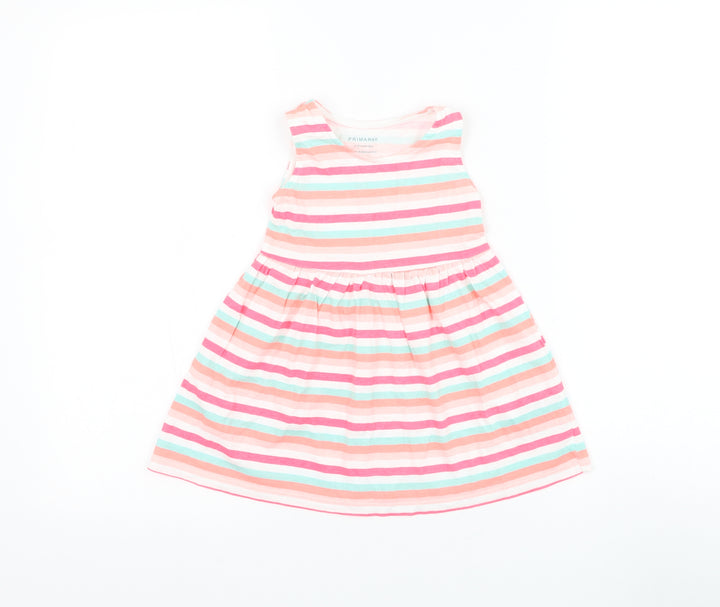 Primark Girls Multicoloured Striped Cotton Skater Dress Size 12-18 Months Round Neck Pullover