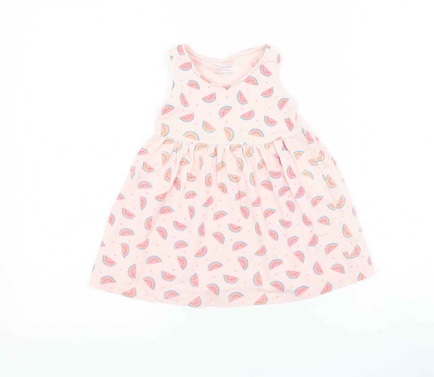 Primark Girls Pink Geometric Cotton Skater Dress Size 12-18 Months Round Neck Pullover - Watermelon