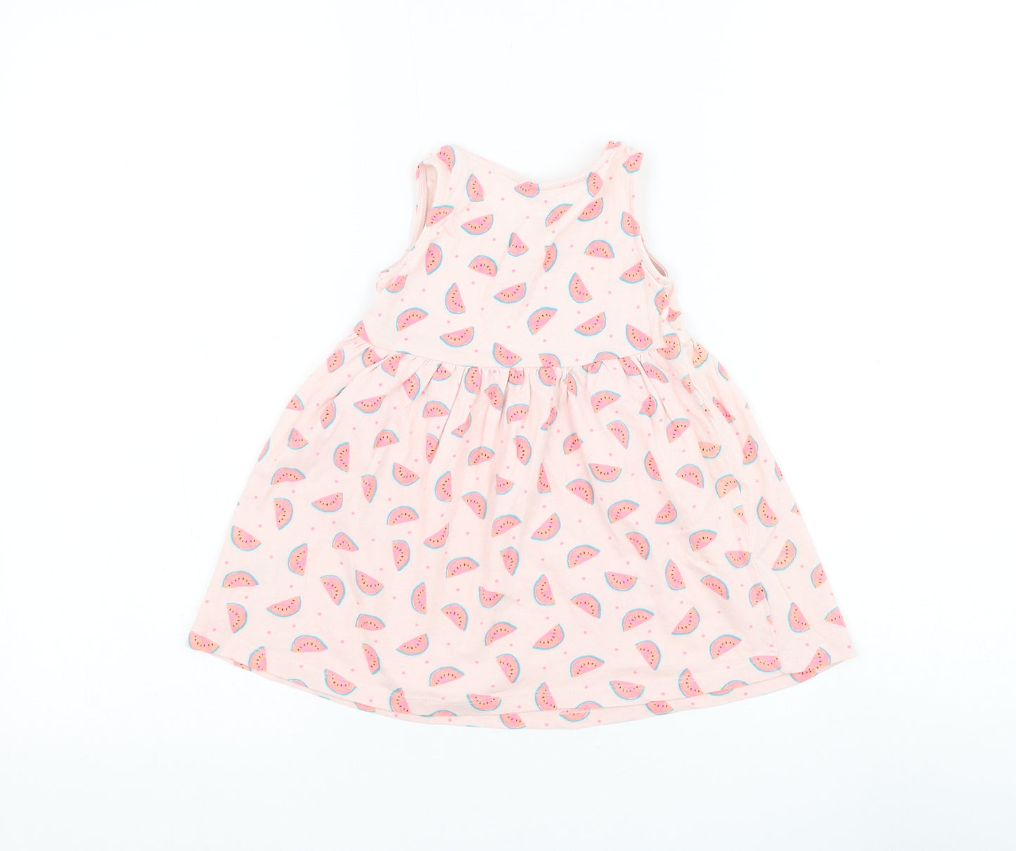 Primark Girls Pink Geometric Cotton Skater Dress Size 12-18 Months Round Neck Pullover - Watermelon