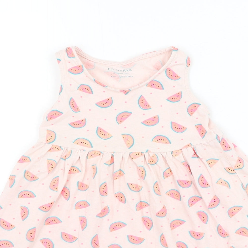 Primark Girls Pink Geometric Cotton Skater Dress Size 12-18 Months Round Neck Pullover - Watermelon