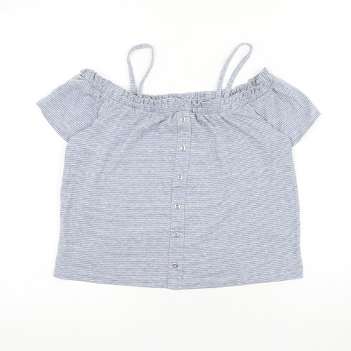 NEXT Girls Blue Striped Polyester Basic Blouse Size 11 Years Off the Shoulder Pullover