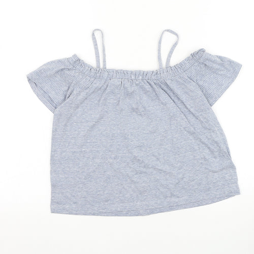 NEXT Girls Blue Striped Polyester Basic Blouse Size 11 Years Off the Shoulder Pullover