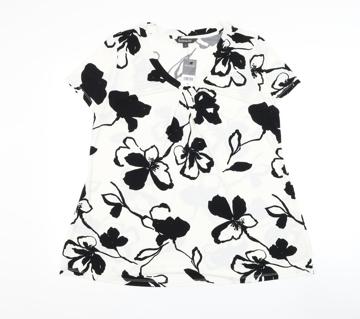 Bonmarché Womens White Floral Polyester Basic T-Shirt Size 14 V-Neck