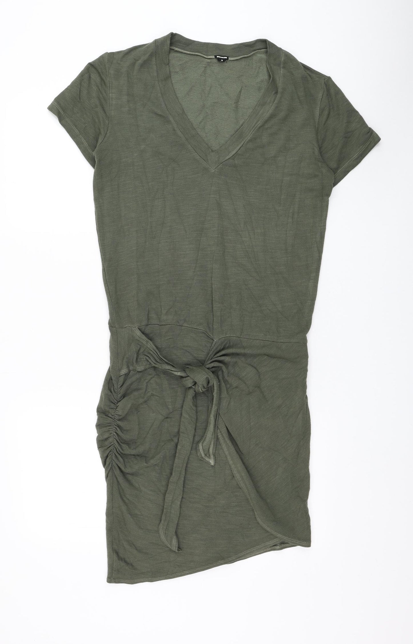 Monrow Womens Green Cotton T-Shirt Dress Size M V-Neck Tie - Ruched
