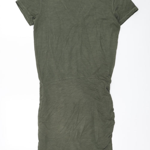 Monrow Womens Green Cotton T-Shirt Dress Size M V-Neck Tie - Ruched