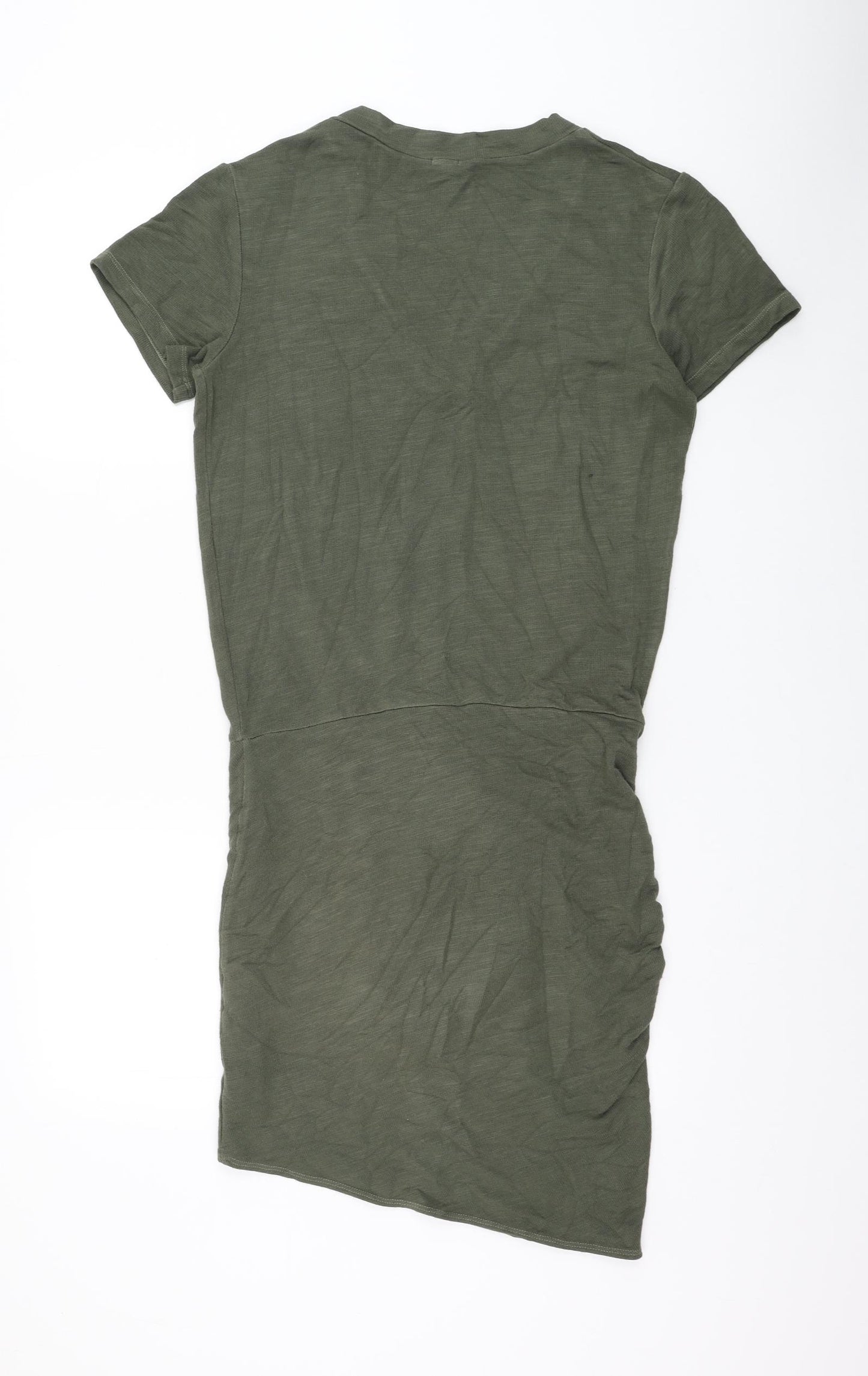 Monrow Womens Green Cotton T-Shirt Dress Size M V-Neck Tie - Ruched