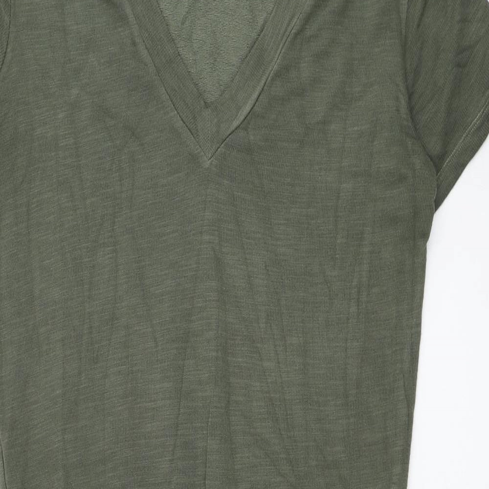 Monrow Womens Green Cotton T-Shirt Dress Size M V-Neck Tie - Ruched