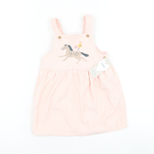 Marks and Spencer Girls Pink Cotton Pinafore/Dungaree Dress Size 12-18 Months Square Neck Button - Horse