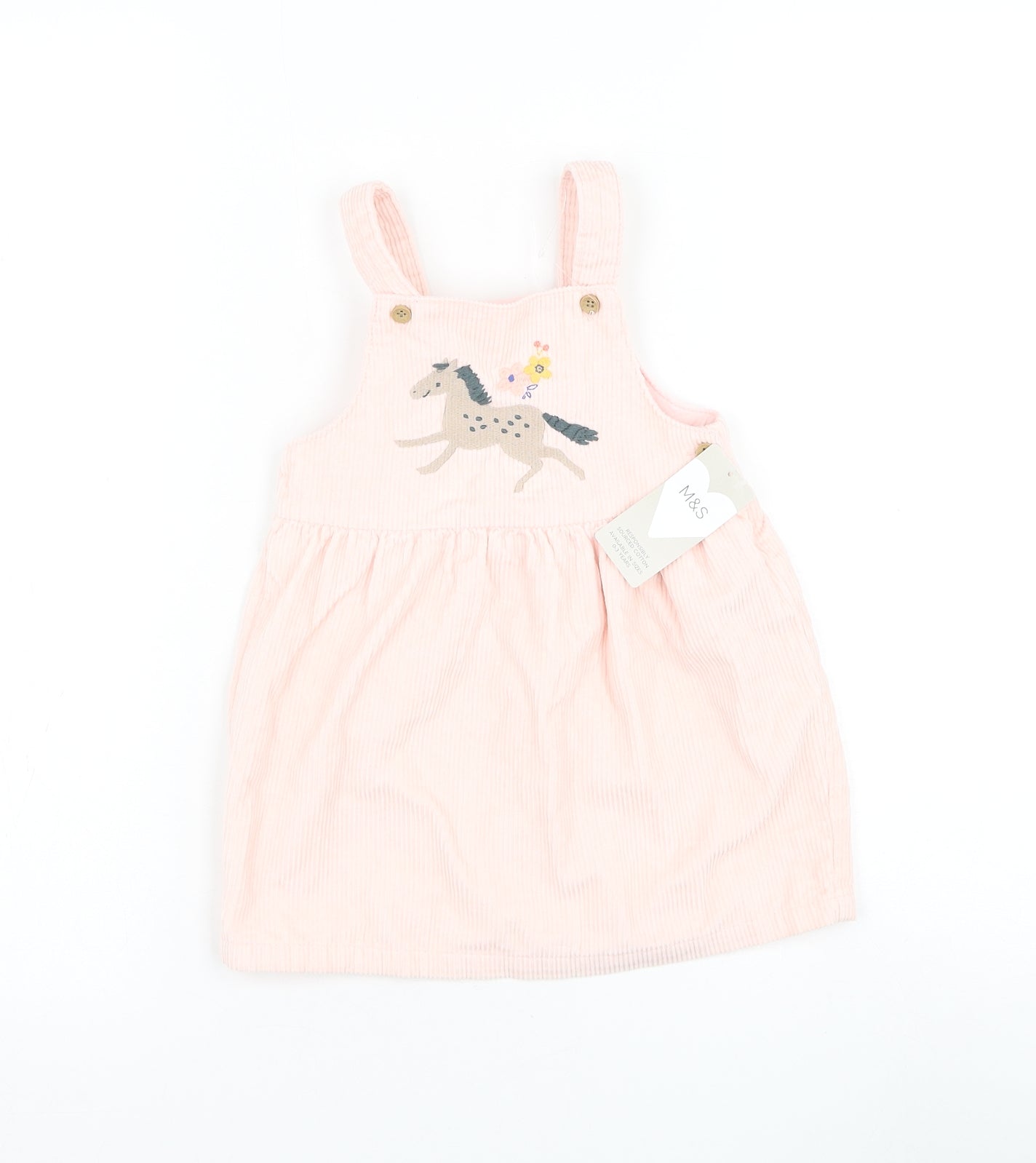 Marks and Spencer Girls Pink Cotton Pinafore/Dungaree Dress Size 12-18 Months Square Neck Button - Horse