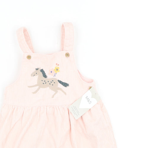 Marks and Spencer Girls Pink Cotton Pinafore/Dungaree Dress Size 12-18 Months Square Neck Button - Horse