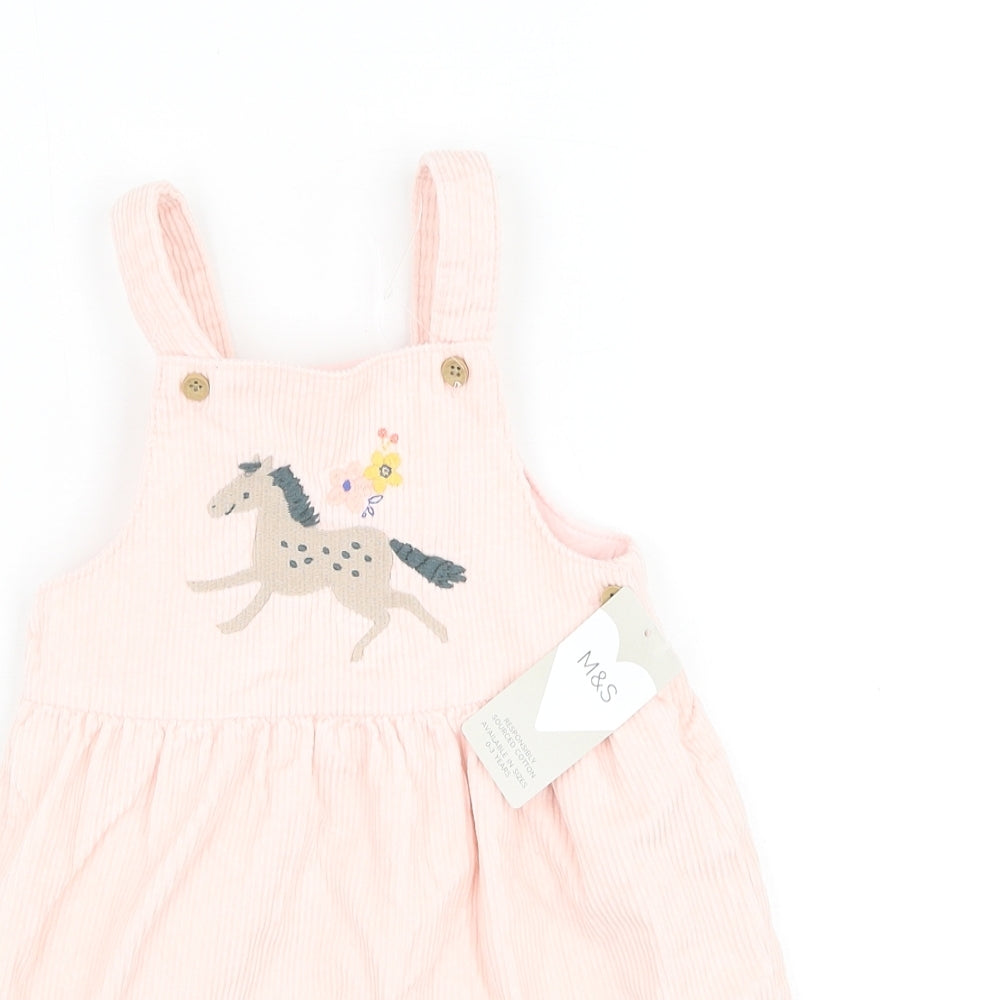 Marks and Spencer Girls Pink Cotton Pinafore/Dungaree Dress Size 12-18 Months Square Neck Button - Horse