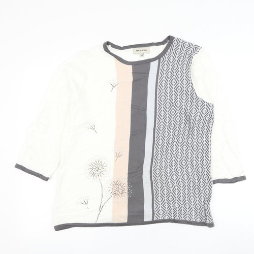 BASSINI Womens White Round Neck Geometric Acrylic Pullover Jumper Size M - Flower