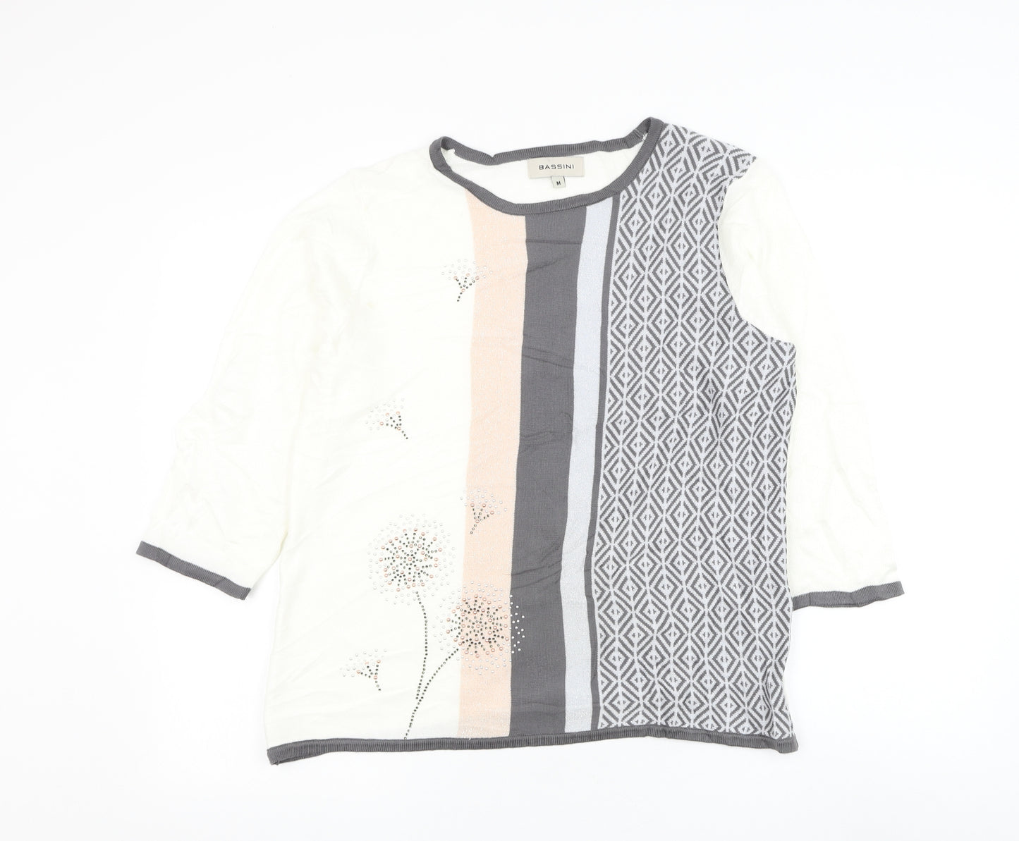 BASSINI Womens White Round Neck Geometric Acrylic Pullover Jumper Size M - Flower