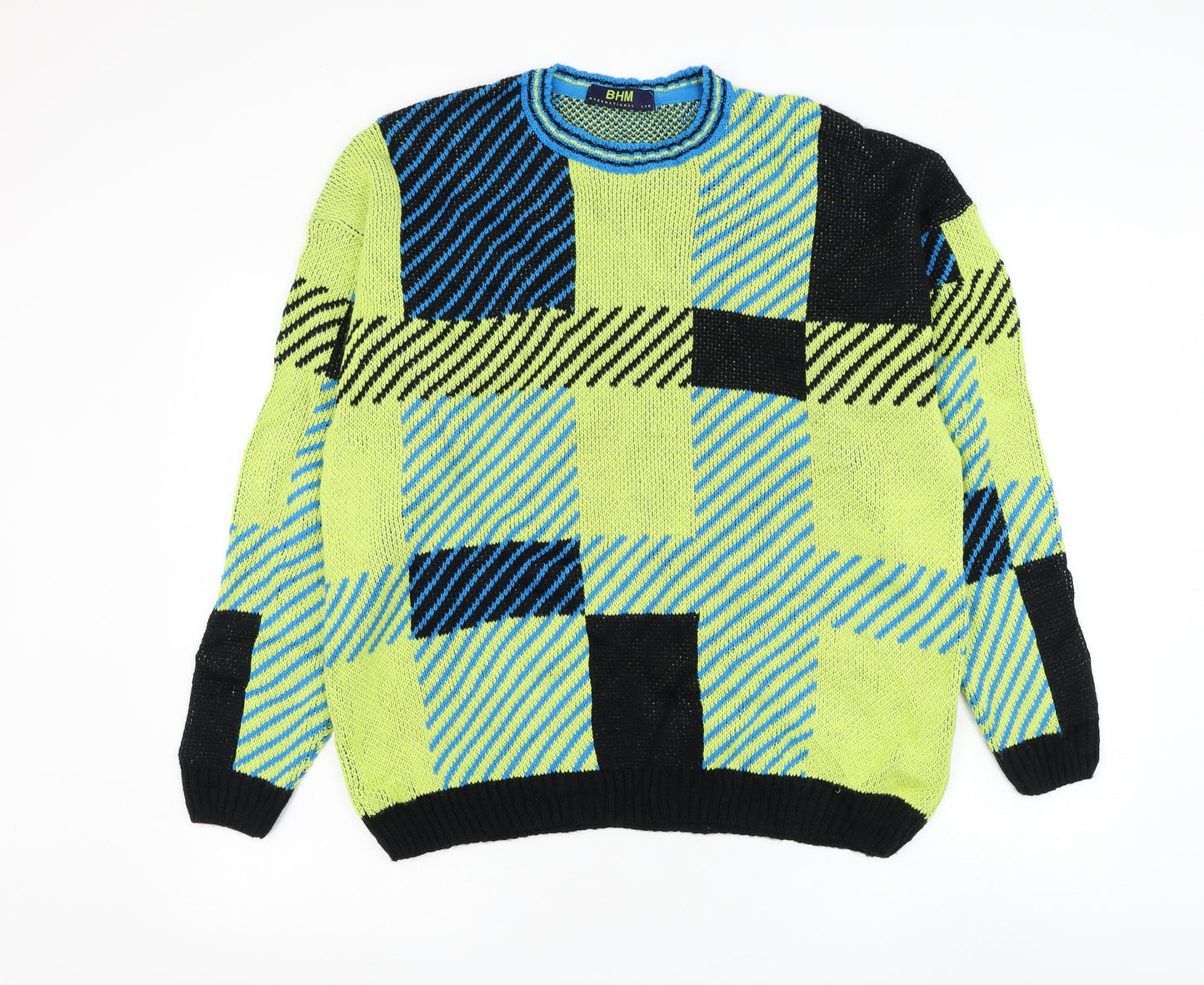 BHM Mens Green Round Neck Check Polyester Pullover Jumper Size L