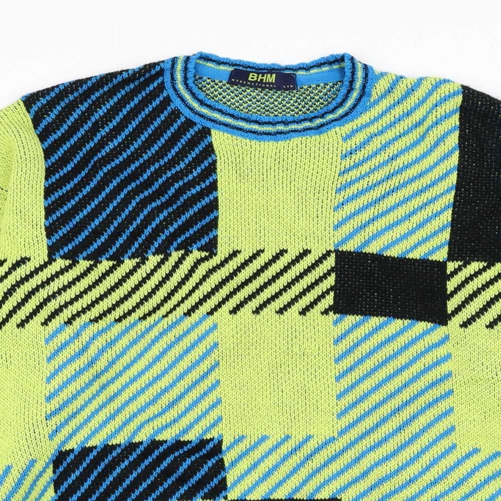 BHM Mens Green Round Neck Check Polyester Pullover Jumper Size L
