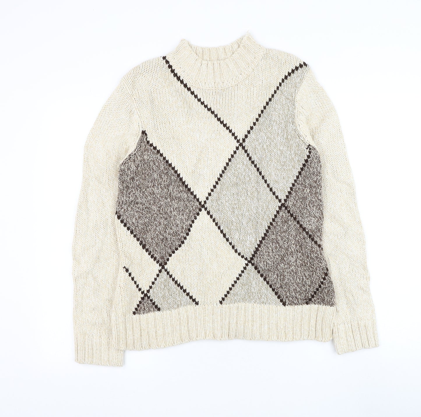 BHS Womens Beige Round Neck Argyle/Diamond Acrylic Pullover Jumper Size 12
