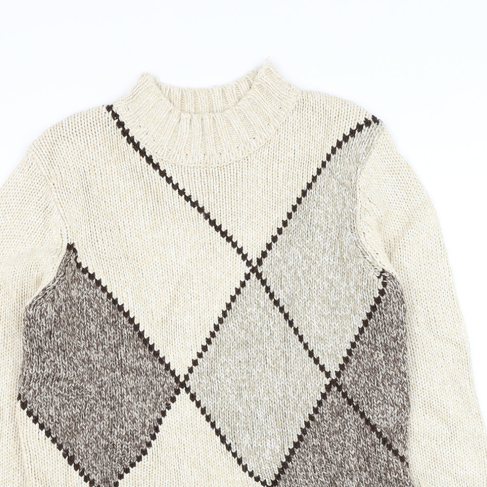 BHS Womens Beige Round Neck Argyle/Diamond Acrylic Pullover Jumper Size 12