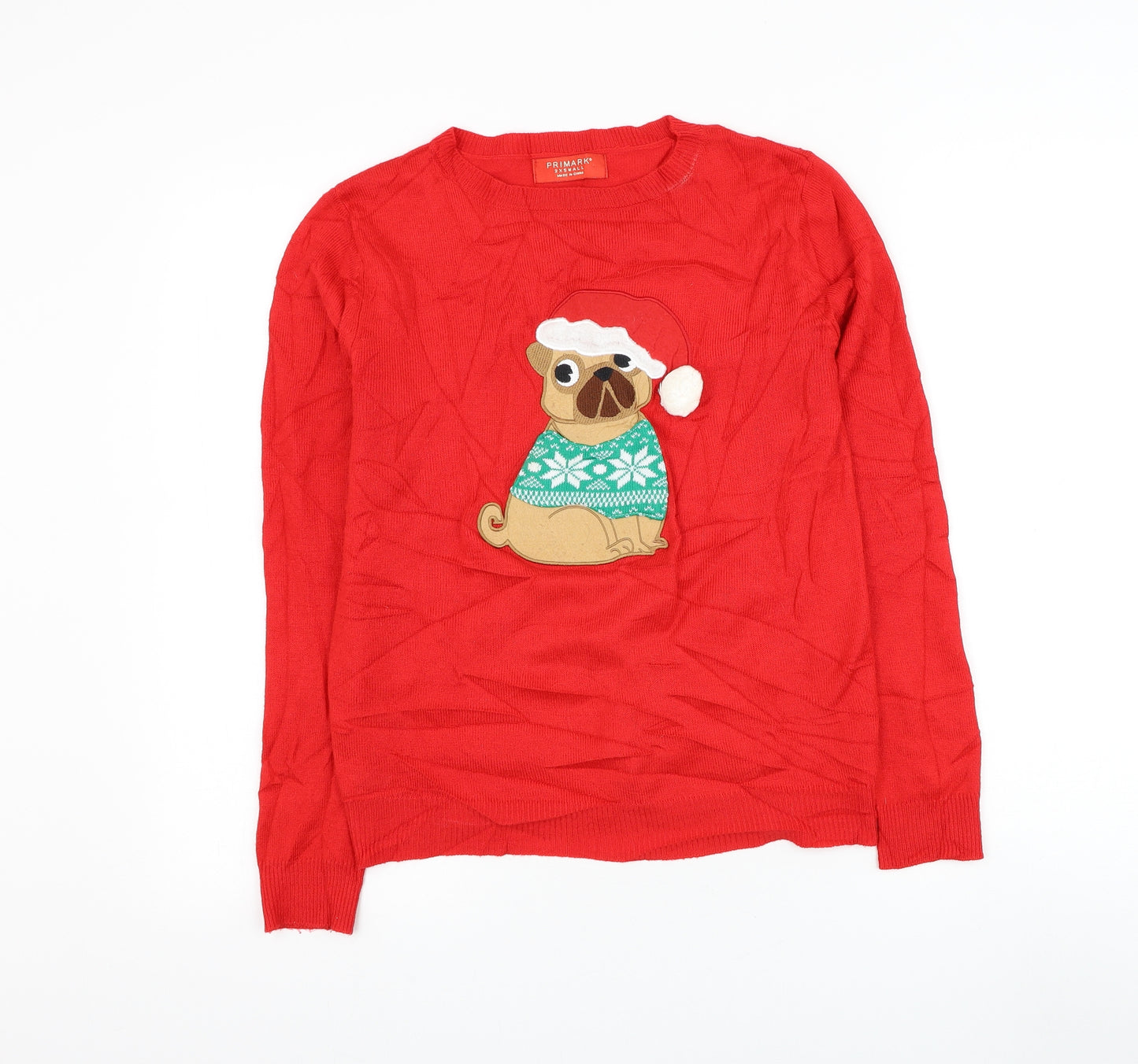 Primark Womens Red Round Neck Polyester Pullover Jumper Size XS - Dog Christmas Jumper