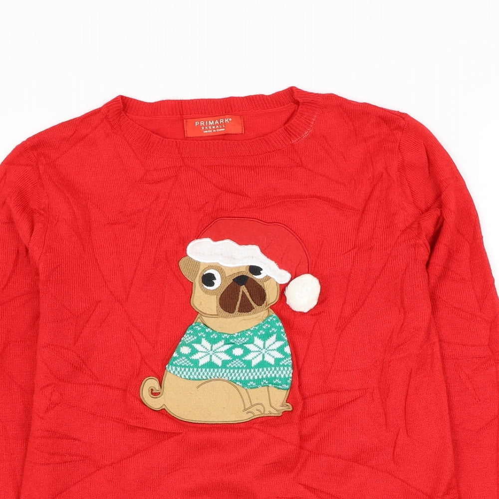 Primark Womens Red Round Neck Polyester Pullover Jumper Size XS - Dog Christmas Jumper