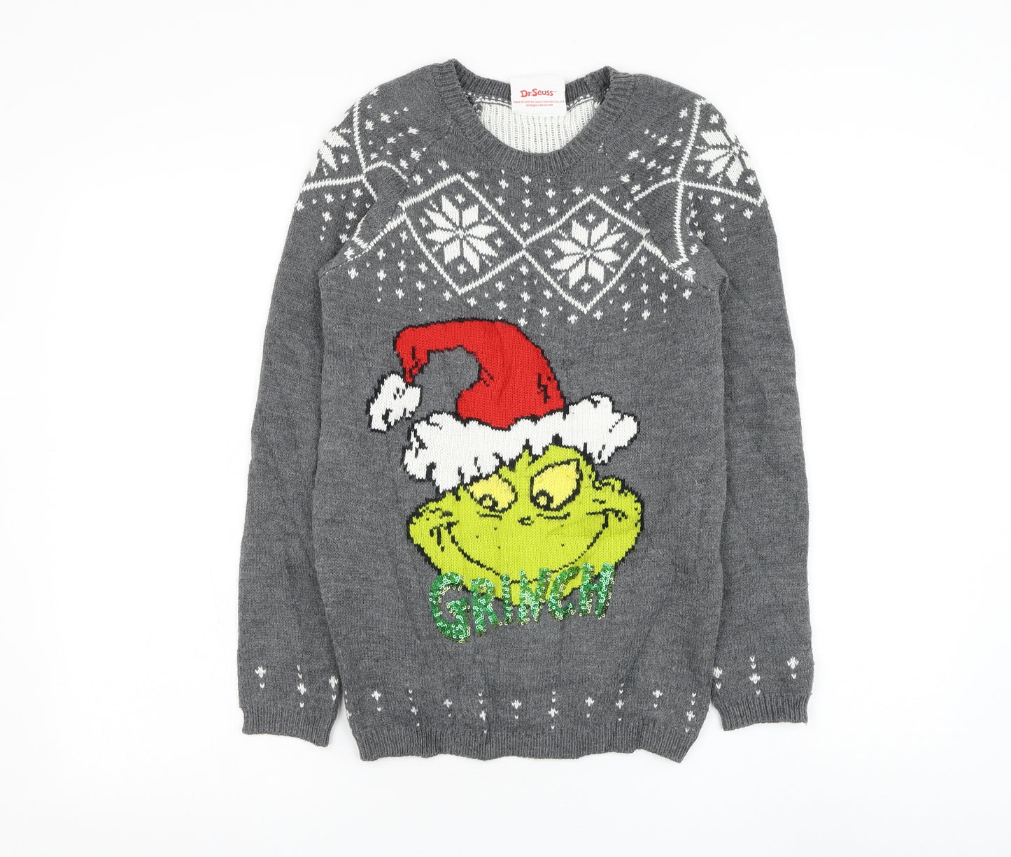 Primark Girls Grey Round Neck Fair Isle Acrylic Pullover Jumper Size 11-12 Years Pullover - The Grinch Christmas Jumper